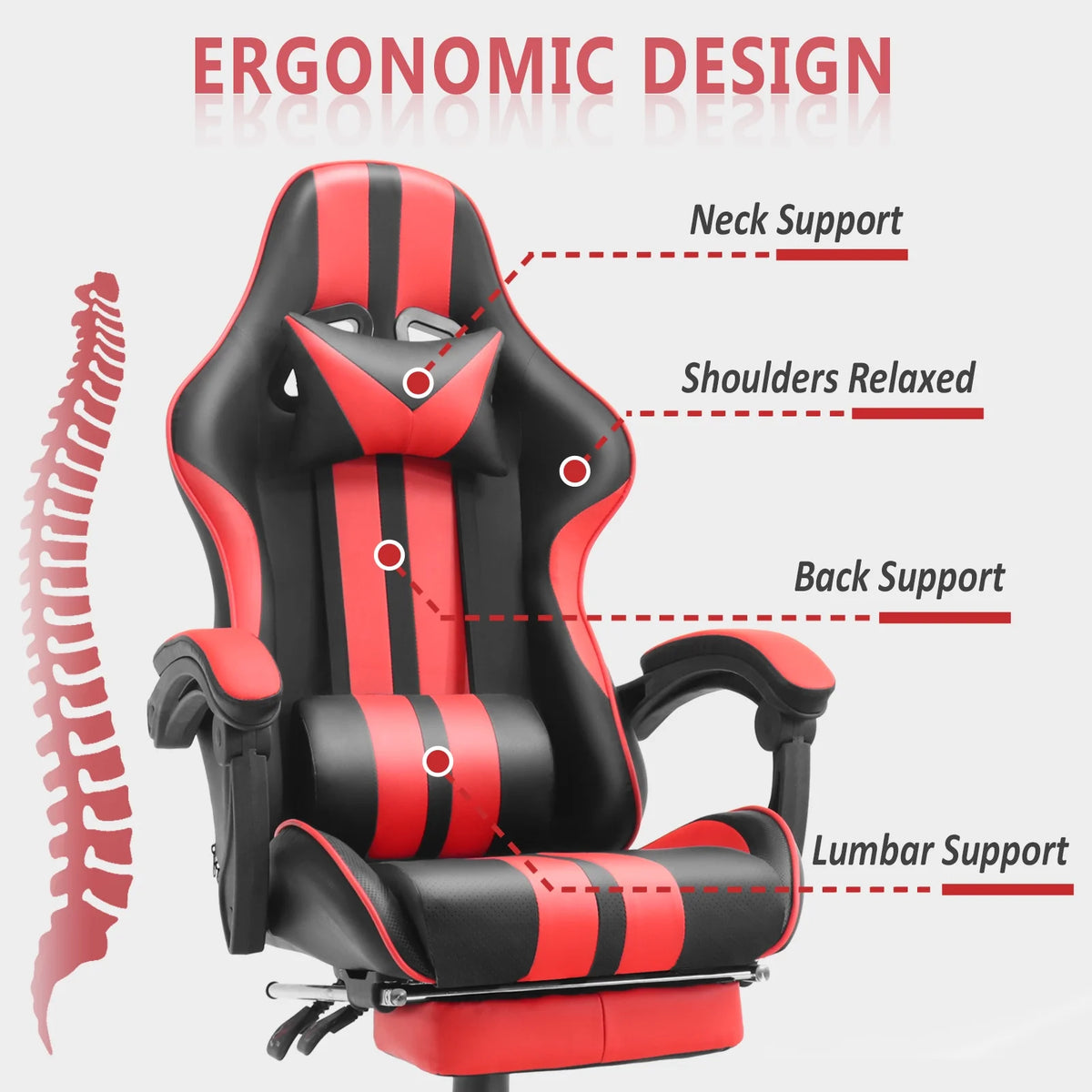 Red Gaming Chair, Reclining Office Chair with Footrest & Massage Lumbar, Ergonomic Swivel Gamer Game Chair with Adjustable Headrest