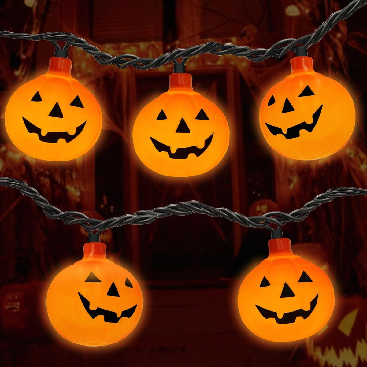 Halloween Pumpkin String Lights, 8.5 Ft LED with 10 Jack O Lantern Lights - Waterproof, Plug-In for Indoor Outdoor Party, Garden, Yard Decoration