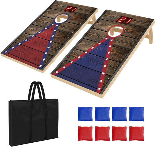 Electronic Cornhole Board Set 3X2 4X2Ft Automatic Scoring Corn Hole Game for Adults & Kids - Tailgate Size Infrared Sensing Wood Set with 8 Bags & Carry Case for Backyard, Party & Camping