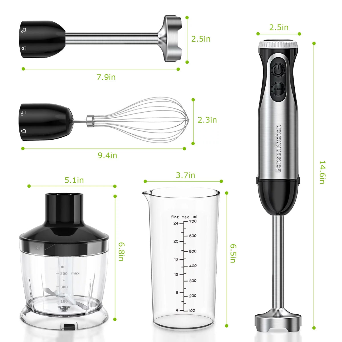 Immersion Hand Blender, Stainless Steel, 20-Speed, Handheld Mixer for Soup, Smoothies, Purees, Emulsifies