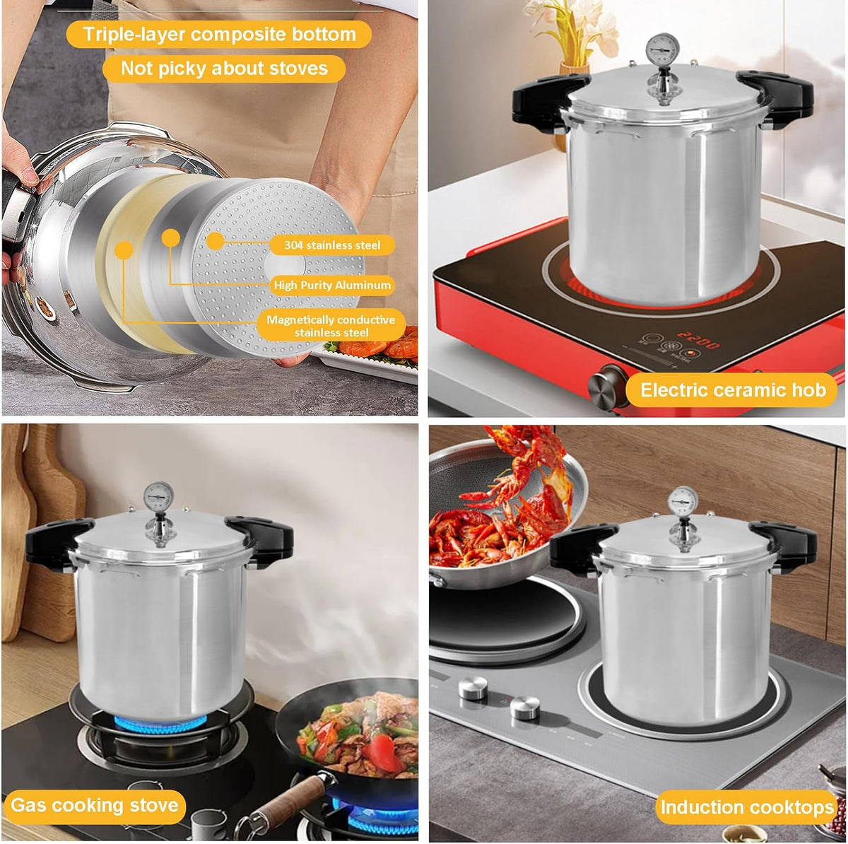 24 Qt Pressure Canner,Canning Pressure Cooker with Gauge,14.5Psi,Large Capacity Aluminum Pressure Canners for Compatibility Gas and Induction Cooktops