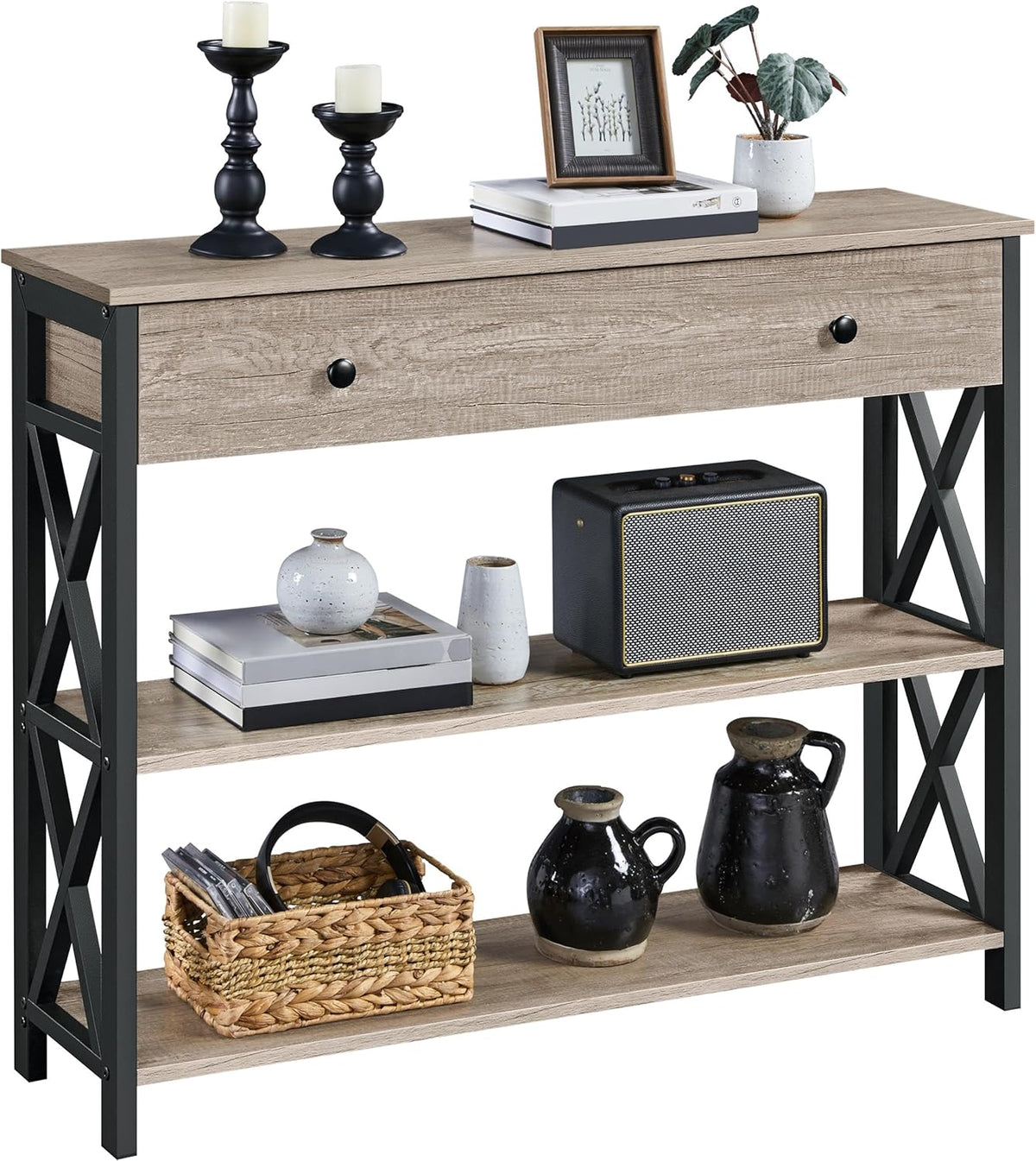 Yaheetech Console Table with Drawer, Entry Table with 3 Tier Storage, Gray