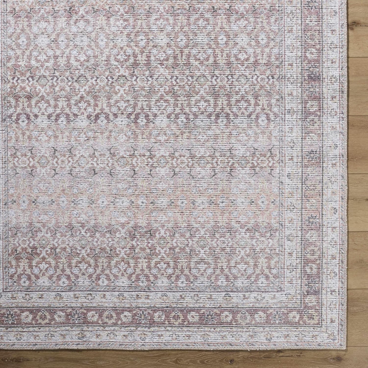 Tosca Machine Washable Runner Rug - Floral Border Distressed Geometric Faded - Traditional Oriental Turkish Transitional Oushak - Dark Red, Beige, Cream, Blush, Gray - 2'7" X 7'10"